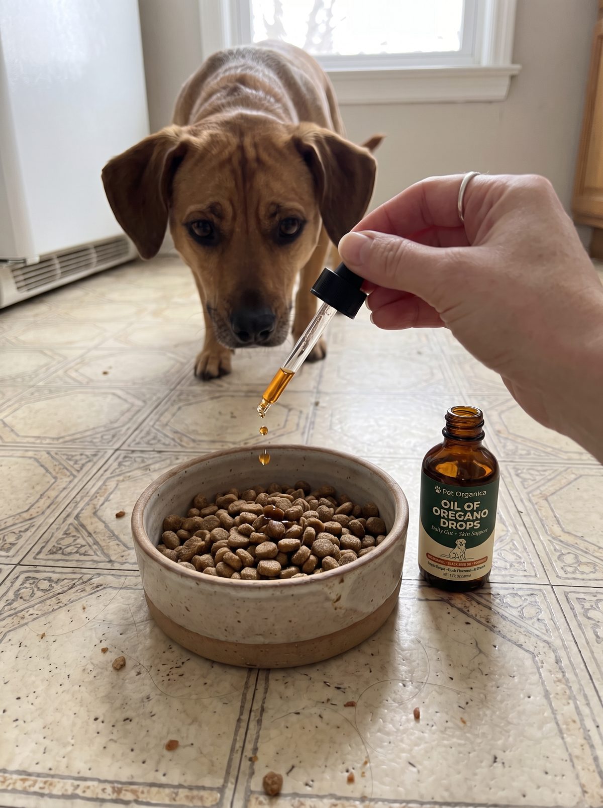 Adding the drops to a bowl of food